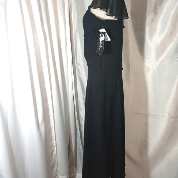 S.L Fashions Tag Maxi Dress, Black, Fohrmal Square Neck, Pleated, Sheer, 8 - Picture 5 of 15